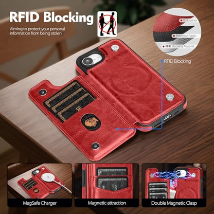 SkyEagle Compatible with MagSafe iPhone 17e / 16e Case Wallet,Red | Magnetic Clasp,RFID Blocking,PU Leather,Flip Folio Shockproof Phone Cover,with Credit Card Slots & Kickstand for Men & Women - color: Red