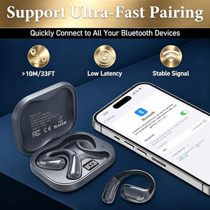 Open Ear Headphones, Wireless Headphones with Smart Digital Display & Mic - color: Gray