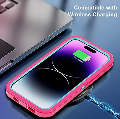 for iPhone 14 Pro Case with 2 Screen Protector, Heavy Duty Drop Protection Shockproof Full Body 3-Layer Military Rugged Durable Protective Cover for Apple iPhone 14 Pro 6.1" (Pink/Blue) - color: Pink/Blue