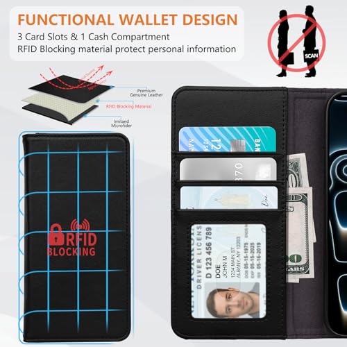 for iPhone 17 Pro 6.3" Wallet Case Card Holder Black | Magsafe Compatible,RFID Blocking,Kickstand,Folio Cover,Genuine Leather - color: Black, size: 6.3" iPhone 17 Pro