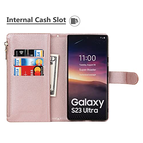 iCoverCase for Samsung Galaxy S23 Ultra Wallet Case with Card Holder, Kickstand Feature PU Leather Case with Adjustable Crossbody Lanyard Magnetic Clasp Zipper Pocket Flip Cover (Rose Gold) - color: Rose Gold, size: Galaxy S23 Ultra