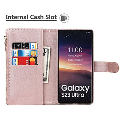 iCoverCase for Samsung Galaxy S23 Ultra Wallet Case with Card Holder, Kickstand Feature PU Leather Case with Adjustable Crossbody Lanyard Magnetic Clasp Zipper Pocket Flip Cover (Rose Gold) - color: Rose Gold, size: Galaxy S23 Ultra