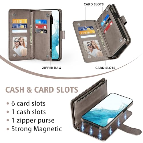 Asuwish Phone Case for Samsung Galaxy S22 5G Zipper Wallet Detachable Cell Cover with Tempered Glass Screen Protector Crossbody Strap Flower Card Holder Slot S 22 22S 4G G5 6.1 inch Women Girls Gray - color: Gray