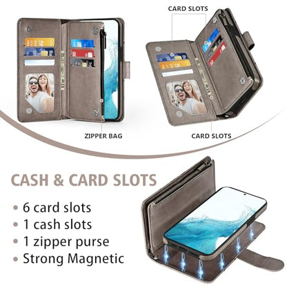 Asuwish Phone Case for Samsung Galaxy S22 5G Zipper Wallet Detachable Cell Cover with Tempered Glass Screen Protector Crossbody Strap Flower Card Holder Slot S 22 22S 4G G5 6.1 inch Women Girls Gray - color: Gray