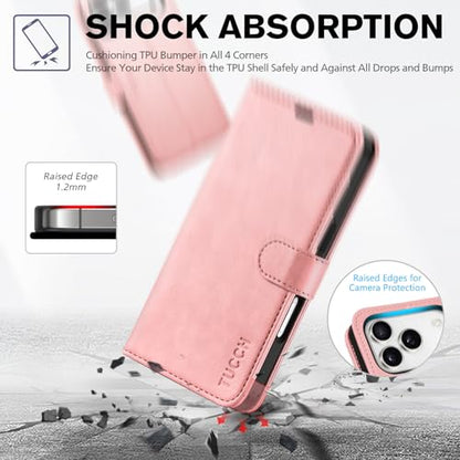 TUCCH Wallet Case for iPhone 17 Pro (6.3") 2025, 4 Card Holders, Rose Gold | RFID Blocking, Viewing Stand, Shockproof TPU Shell, PU Leather, Magnetic Closure, Protective Folio Flip Cover - color: Rose Gold