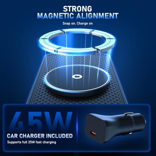 25W Magnetic Wireless Car Charger Pad, REESTECQI for MagSafe Car Charger with 45W USB-C Car Charger, Anti-Slip Wireless Charging Pad for Car Compatible with iPhone 18 17 16 15 14 13 12 (30CM Cable)