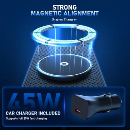 25W Magnetic Wireless Car Charger Pad, REESTECQI for MagSafe Car Charger with 45W USB-C Car Charger, Anti-Slip Wireless Charging Pad for Car Compatible with iPhone 18 17 16 15 14 13 12 (30CM Cable)