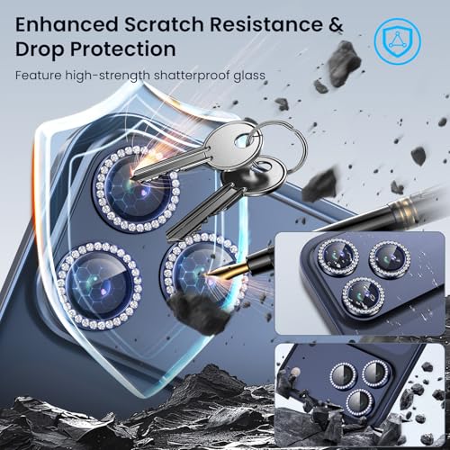 Compatible for iPhone 17 Pro / 17 Pro Max Camera Lens Protector, Explosion-Proof 9H Tempered Glass with Metal Diamond Ring, HD Anti-Scratch Lens Protection Decoration Accessories (Blue)