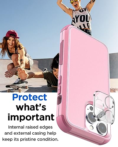 AICase Rugged Case Compatible with iPhone 15 Pro Max+Glass Protector+Camera Lens,Heavy Duty 3-Layer Pocket-Friendly Durable Military Grade Protection Shockproof/DropProof Protective Cover_4 - color: Pink+Glass Protector+Camera Lens