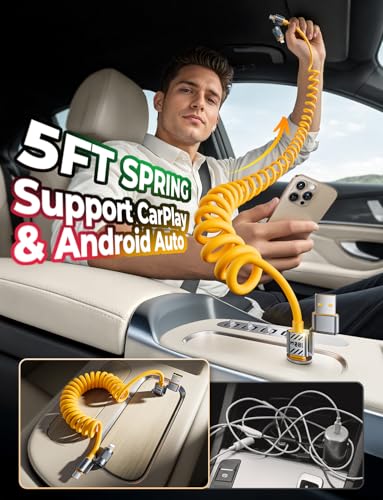 100W 4 in 1 Coiled Lightning Cable, 5FT USB A to USB C Cable for Car - color: Yellow, size: 100W, style: Coiled Cable