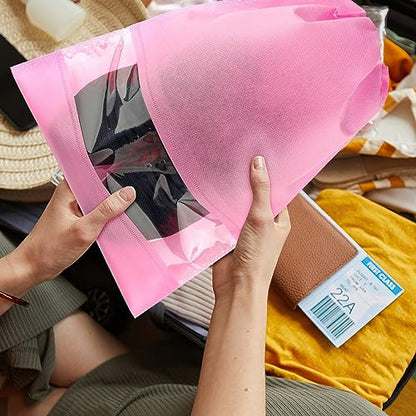 Pink Travel Shoe Bags - 5 Pcs Non-Woven Packing Bags with Clear Window | 15.7" x 11.8" Waterproof Dustproof Portable Travel Shoe Storage Bag for Men and Women - color: Pink, style: 5 Pack