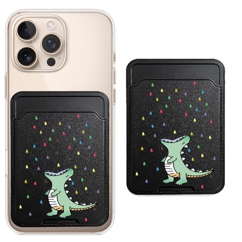 Unov Adhesive Phone Card Holder With Dino Rainbow Dinosaur Dragon Design Stick-on Wallet ID Credit Card Pouch Sleeve Pocket for Pixel iPhone Motolora Galaxy iPad Tablet All Cell Phone Black - color: Rainbow Dinosaur