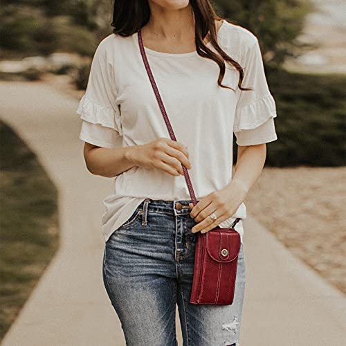 S-ZONE Women RFID Blocking Crossbody Cell Phone Purse PU Leather Wallet | Card Slots, Anti-theft, Multi Pockets, Detachable Adjustable Strap, Small, Travel Eveyday Shopping Outing - color: Red