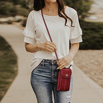 S-ZONE Women RFID Blocking Crossbody Cell Phone Purse PU Leather Wallet | Card Slots, Anti-theft, Multi Pockets, Detachable Adjustable Strap, Small, Travel Eveyday Shopping Outing - color: Red