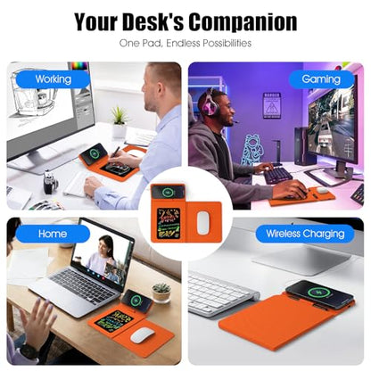Foldable Travel Mouse Pad with 15W Qi Wireless Charger & Writing Tablet - color: Orange