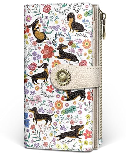 GIANCOMICS Dachshunds Dog Women Wallet RFID, Cute Credit Card Holder Bifold | Billfold, Cute Cash Purse, Travel Zipper Coin Pocket, Compact Clutch, PU Leather, ID Window, 11 Card Slots, Ladies Gift Woman - color: Dachshunds Flowers