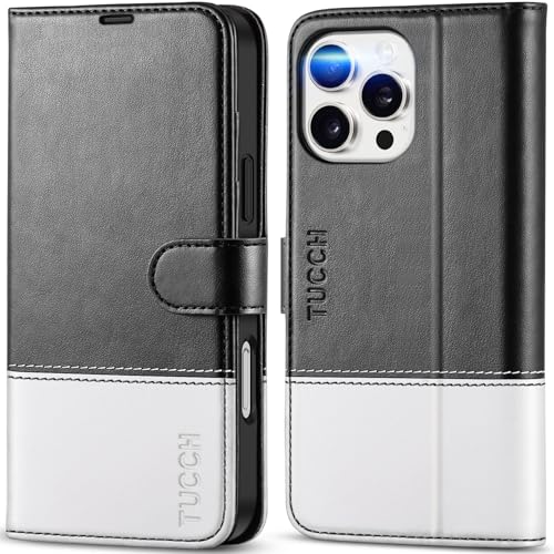 TUCCH Wallet Case for iPhone 16 Pro Max 6.9", 4 Card Holders, Black & White | RFID Blocking, Viewing Stand, Shockproof TPU Shell, PU Leather, Magnetic Closure, Protective Folio Flip Cover - color: Black & White
