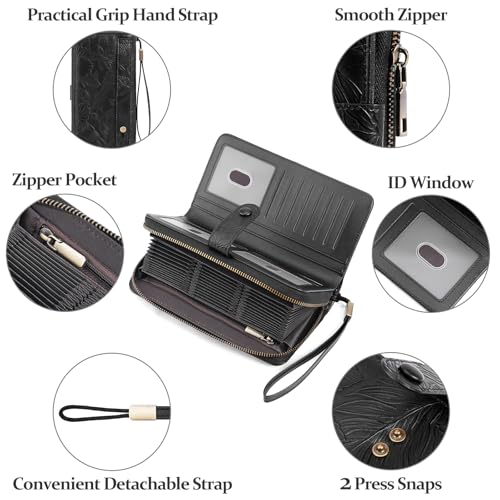 SENDEFN Women's Credit Card Holder RFID Blocking Zip Around Leather Wallet Large Capacity Long Purse with Wristlet - color: Black