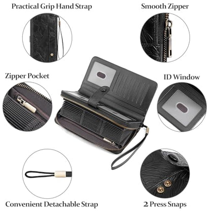 SENDEFN Women's Credit Card Holder RFID Blocking Zip Around Leather Wallet Large Capacity Long Purse with Wristlet - color: Black