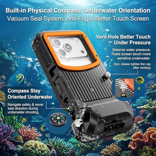 Underwater Phone Case for iPhone 17/Air/16/15 Pro Max, 50ft/15m Professional Scuba Snorkeling Diving Phone Case with Vacuum Seal & Mechanical Shutter, Housing with Compass, No Vignetting for Swimming - color: Dark