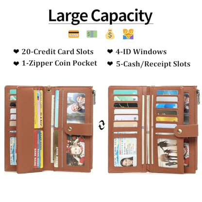 GAEKEAO Wallets for Women Leather RFID Blocking Large Capacity Card Case Ladies Wristlet Clutch Wallets Zipper Pocket with 4 ID Windows 21 Card Slots - color: White-Brown