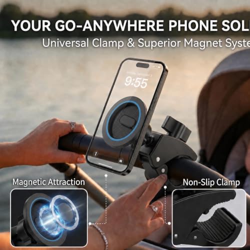 Heavy Duty Magnetic Phone Mount for Gym & Spin Bikes, N52 Clamp for Peloton/Treadmill/Stroller/Golf Cart, 360° Rotatable, Compatible with MagSafe iPhone 12-17 - color: blue