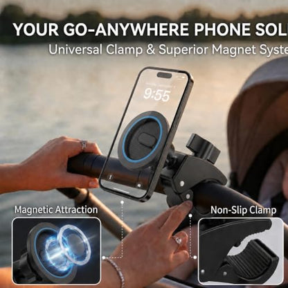 Heavy Duty Magnetic Phone Mount for Gym & Spin Bikes, N52 Clamp for Peloton/Treadmill/Stroller/Golf Cart, 360° Rotatable, Compatible with MagSafe iPhone 12-17 - color: blue