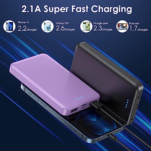 [2 Pack] Portable Charger Power Bank 10000mAh,Ultra Slim Compact External Battery Pack with USB C Input & Dual USB Outputs Backup Charger Compatible with iPhone 14,13, Samsung S20,Tablet-Black+Purple - color: Black+Purple