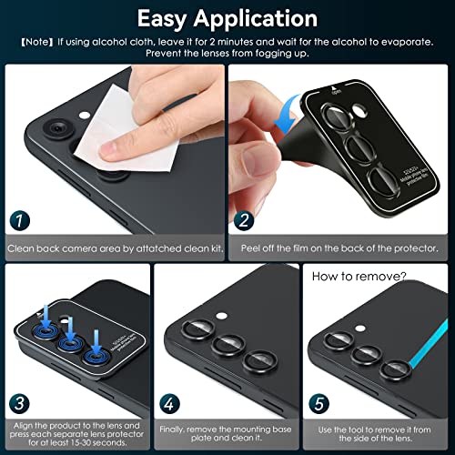 CloudValley [3 Pcs] for Samsung Galaxy S24 / S23 Plus Camera Lens Protector, 9H Tempered Glass + Aluminum Alloy Metal Individual Lens Protective Ring for S24 / S23+ 5G 2023, Black - color: Black