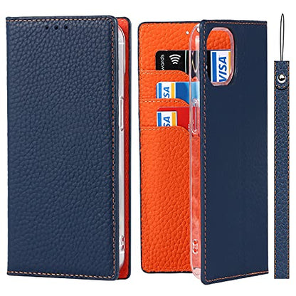 iCoverCase Compatible with iPhone 13 Wallet Case, RFID Blocking Genuine Leather Magnetic Case with Wrist Strap and Card Slots Kickstand Feature Flip Cover 6.1 Inch (Navy Blue) - color: Navy Blue, size: iPhone 13
