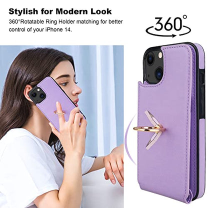 Folosu Compatible with iPhone 14 Case Wallet with Card Holder, 360°Rotation Finger Ring Holder Kickstand, RFID Blocking Leather Protective Double Buttons Shockproof Cover 6.1 Inch Purple - color: Purple, size: iPhone 14