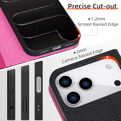 VISOUL Pebbled Leather Wallet Case for iPhone 17 Pro Max 6.9" 2025, Genuine Leather Flip Folio Cover with RFID Blocking Card Holders, Kickstand, Soft TPU Protective Flip Cover -Black+Peach Red - color: Black+Peach Red