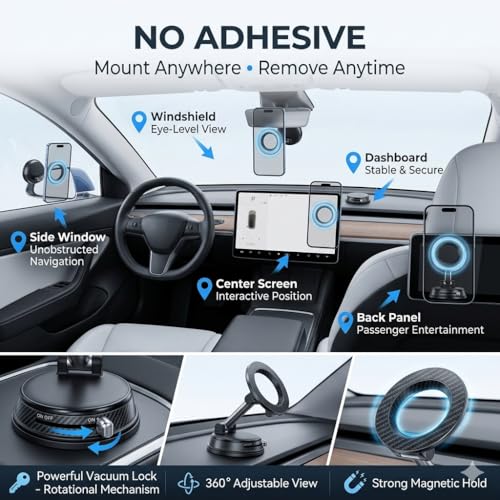 Magnetic Car Phone Holder for MagSafe, Vacuum Suction Mount, 360° Adjustable Dashboard & Windshield Mount, Strong N52 Magnetic Phone Holder for iPhone 17/16/15/14, Samsung Galaxy, Metal Ring Included