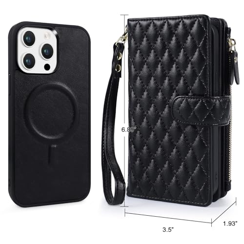 for iPhone 14 Pro Max Case Wallet,Compatible with MagSafe 2 in 1 Magnetic Detachable PU Leather RFID Blocking Wallet Cover Card Holder Zipper Wrist Strap Lanyard,Quilted Black - color: Quilted Black, size: iPhone 14 Pro Max
