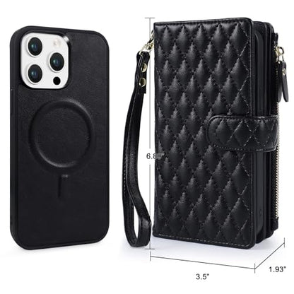 for iPhone 14 Pro Max Case Wallet,Compatible with MagSafe 2 in 1 Magnetic Detachable PU Leather RFID Blocking Wallet Cover Card Holder Zipper Wrist Strap Lanyard,Quilted Black - color: Quilted Black, size: iPhone 14 Pro Max
