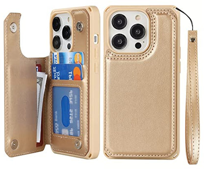 iCoverCase Compatible with iPhone 14 Pro Wallet Phone Case with Card Holder for Women, RFID Blocking Embossed PU Leather Wrist Strap Case 6.1 Inch (Macaron Gold) - color: P-Gold