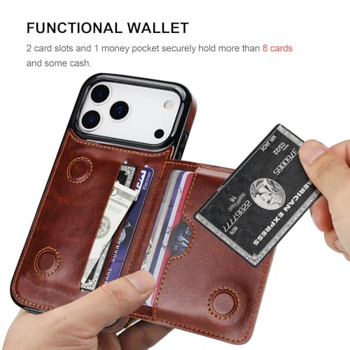 KIHUWEY Compatible with iPhone 17 Pro Max Wallet Case Credit Card Holder, Premium Leather Kickstand Flip Hidden Magnetic Clasp Durable Shockproof Protective Cover for 6.9 inch (Brown) - color: Brown