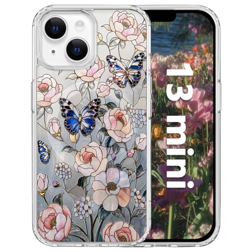 for iPhone 13 Mini 5.4" Magnetic Case[Compatible with MagSafe]Aesthetic Vintage Stained Glass Bloom Flower Design, Slim Fit Hard PC Back Shockproof Cute Clear Phone Cover, Blue Butterfly Dream - color: Blue Butterfly Dream, size: iPhone 13 Mini