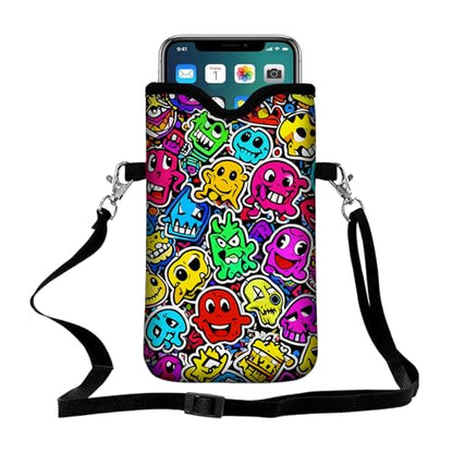 Men Women Neoprene Cell Phone Sleeve Pouch Case Bag with Crossbody Strap/Neck Lanyard 7.5 X 4.3 in (Whimsical Cartoon Monster Pattern) - color: Whimsical Cartoon Monster Pattern