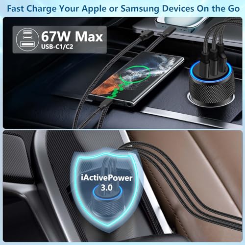 Apple MFi Certified iPhone 18 Pro Car Charger, 67W 3-Port USB-C Car Charger - color: Carbon Fiber Black