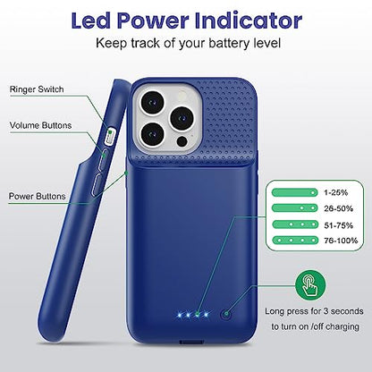Feob Battery Case for iPhone 13/13 Pro/14,[2025 Upgraded] 7500 mAh Ultra-Slim Portable Extended Charger Cover for iPhone 13/13 Pro/14 Charging Case (6.1 Inch)-Blue - color: Blue