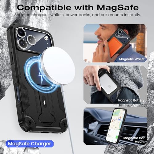 Caka 4-in-1 for iPhone 17 Pro Max Case with Belt Clip Holster and Stand | HD Glass Screen & Camera Lens Protector, Compatible with MagSafe, Hidden Kickstand, Rugged Heavy Duty Shockproof Phone Cover - color: Black