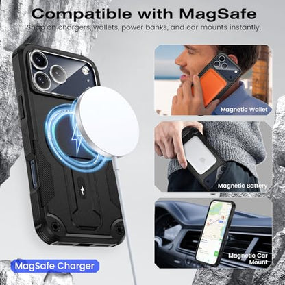 Caka 4-in-1 for iPhone 17 Pro Max Case with Belt Clip Holster and Stand | HD Glass Screen & Camera Lens Protector, Compatible with MagSafe, Hidden Kickstand, Rugged Heavy Duty Shockproof Phone Cover - color: Black