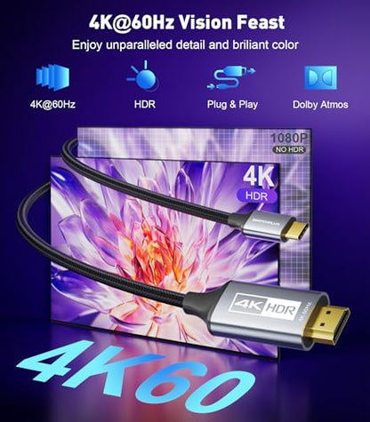 USB C to HDMI Cable 10Ft for Home Office (4K@60Hz) for Laptop - size: 10FT, style: 1 Pack