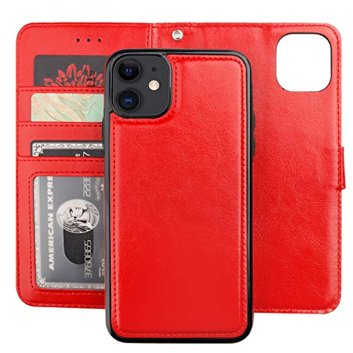 Bocasal Detachable Wallet Case Card Holder for iPhone 11, Red | Kickstand Card Slots Holder PU Leather Magnetic Shockproof Wrist Strap Removable Flip Protective Cover 6.1 inch - color: Red