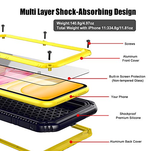 Beasyjoy Waterproof iPhone 11 Case - Metal Military Grade Defender with Built-in Screen Protector, Heavy Duty Rugged Shockproof Underwater Case (Yellow) - color: Yellow, size: iPhone 11