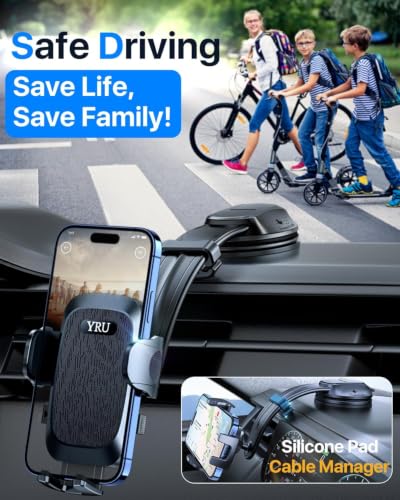 YRU [2026 Ultimate Car Phone Holder Mount [Bendable & Adjustable Aluminum Arm] Cell Phone Holder for Car Dashboard Windshield Phone Stand for iPhone 17 16 15 14 Pro Max Samsung Pickup Truck, Black - color: Black