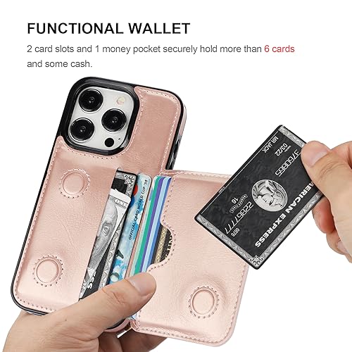 KIHUWEY Compatible with iPhone 15 Pro Wallet Case Credit Card Holder, Premium Leather Kickstand Flip Hidden Magnetic Clasp Durable Shockproof Protective Cover for iPhone 15 Pro 6.1 inch (Rose Gold) - color: Rose Gold