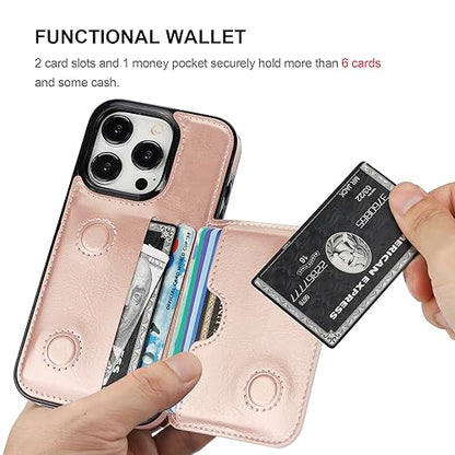 KIHUWEY Compatible with iPhone 15 Pro Wallet Case Credit Card Holder, Premium Leather Kickstand Flip Hidden Magnetic Clasp Durable Shockproof Protective Cover for iPhone 15 Pro 6.1 inch (Rose Gold) - color: Rose Gold