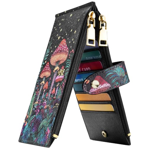 Travelambo RFID Wallet Women Large Size Bifold Multi Card Wallet Case with Zipper Pocke Credit Card Holder for Women - color: Black Mushroom